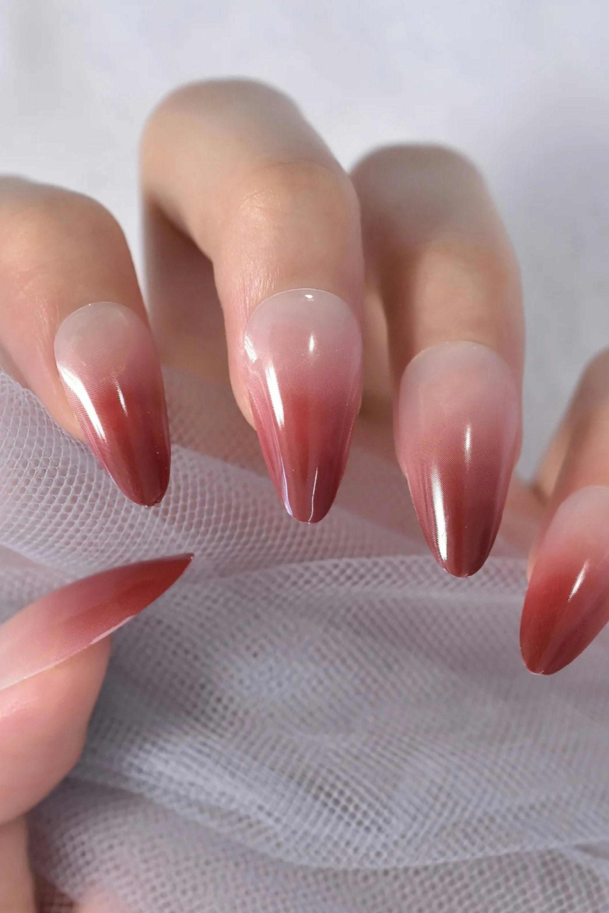 Press On Nail, Red Ombre-Medium Almond