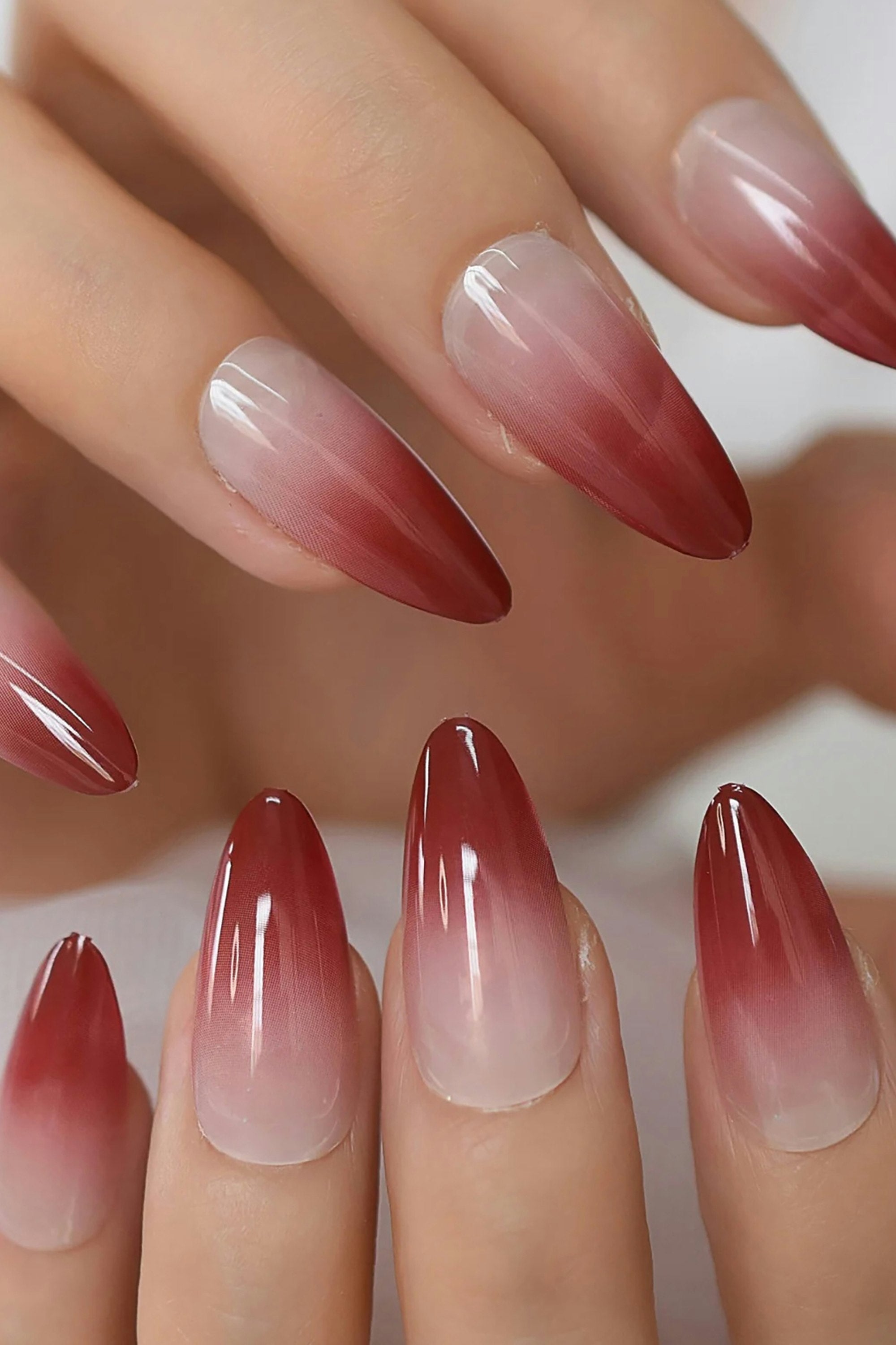Press On Nail, Red Ombre-Medium Almond